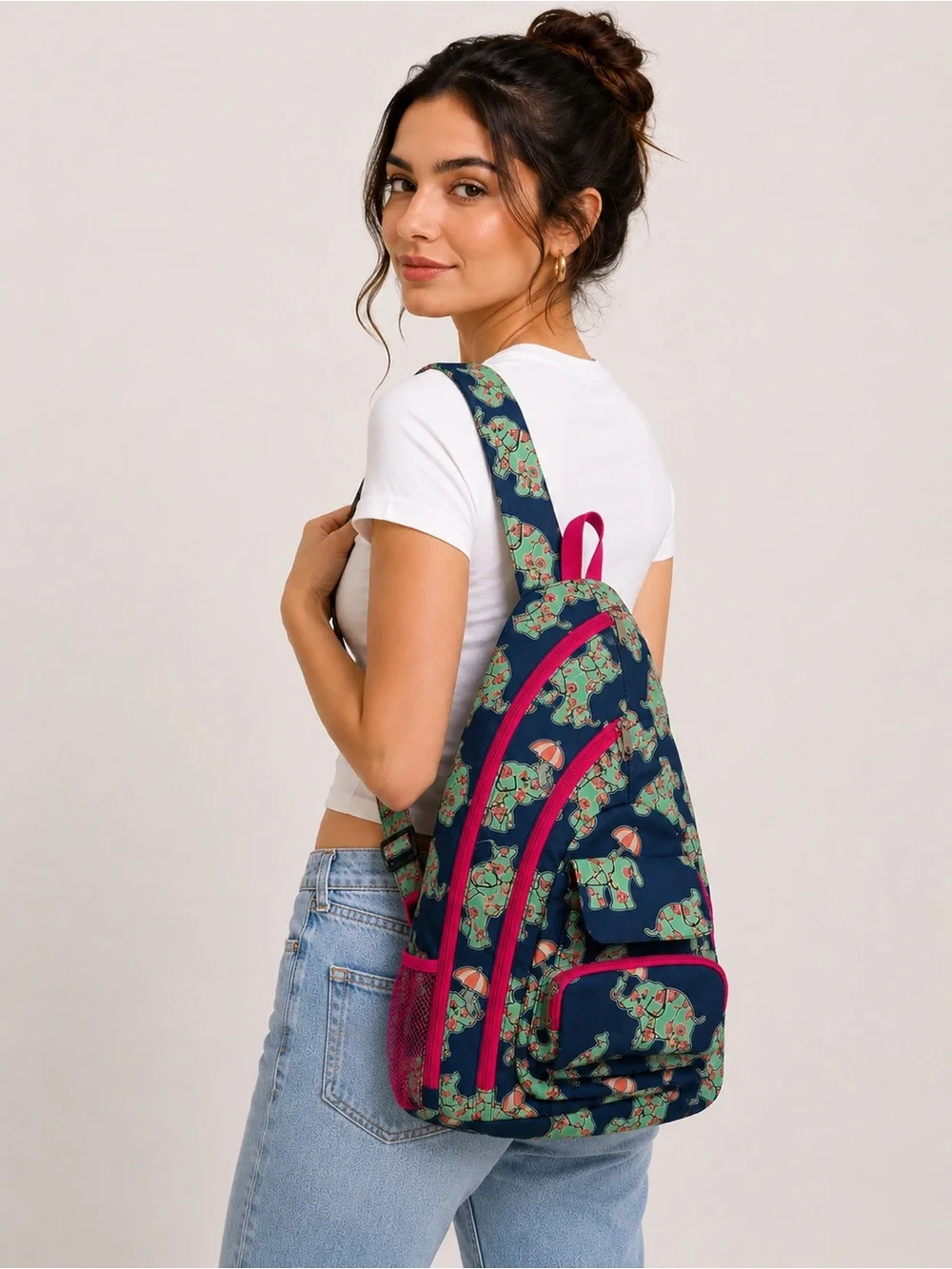 N.Gil Cute Elephant Print Sling Backpack Navy Pink Canvas Crossbody Travel Bag